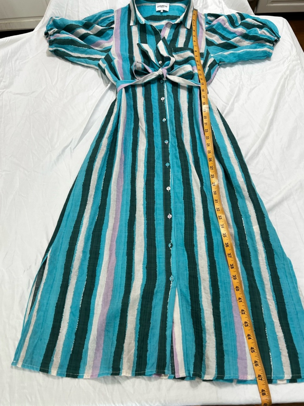 FRNCH Paris Striped Belted Maxi Midi Shirt Dress Puff Sleeve M - Picture 4 of 11